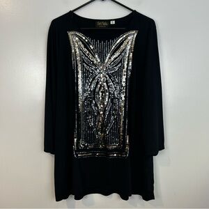 Bob Mackie Black Metallic Silver/Bronze Sequin 3/4 Sleeve Top Size XL